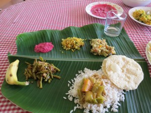 Our welcome lunch on the houseboat - a traditional banana leaf meal - eaten with only your hands.